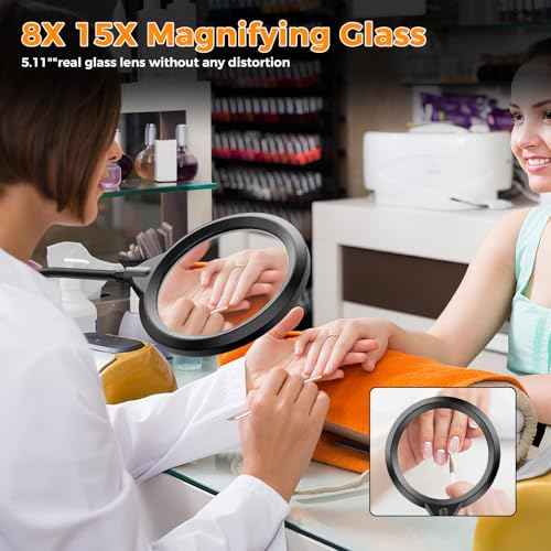 Magnifying Glass with Light and Stand, 15X & 8X Magnifying Lamp with Clamp, 5 Color Lighting Modes Stepless Dimmable LED Desk Lamp Hands Free for Crafts Hobby Reading Painting Sewing Close Work