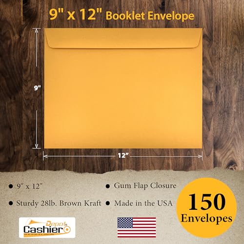 150 Pack Brown Kraft Booklet Envelopes 9x12 Inches Gummed Flap Business Mailing