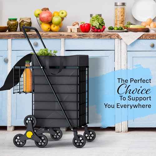 Stairs Climbing Shopping Cart w/Waterproof Basket Liner & 360¡Æ Swivel Wheels | Foldable Collapsible & Lightweight | Perfect for Groceries Laundry Utility Cart - Black