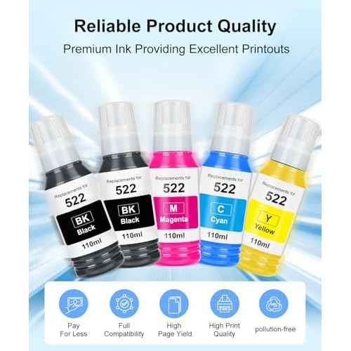 522 High Capacity (5 Bottles) Ink Refill Bottles Remanufactured for Epson 522 EcoTank Ink Use for EcoTank ET-2800, ET-4800, ET-2400, ET-2803, ET-2720, ET-2840, ET-4700 (550ML, Not Sublimation Ink)