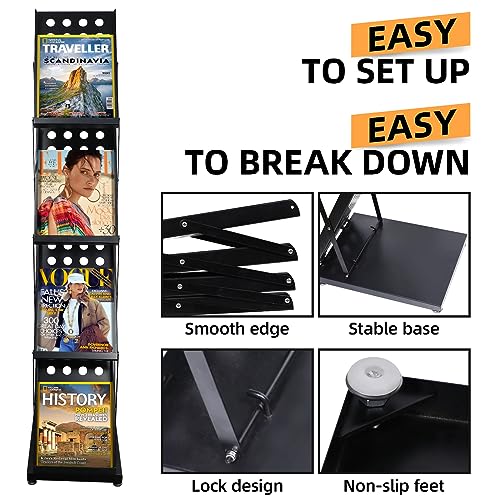 4 Pocket Folding Metal Black Literature Rack with Case Brochure Stand for Trade Show Exhibition Office Retail