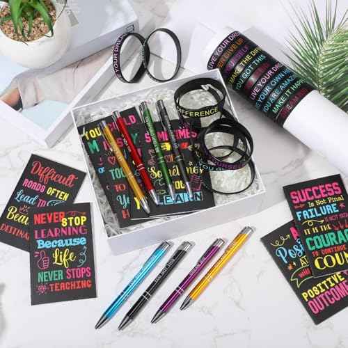 Sabary 150 Pcs Welcome Back to School Gifts Bulk Inspirational Notepads Motivational Ballpoint Pens Motivational Quote Rubber Wristbands Set Pocket Journals Metal Pens for School Office Supplies