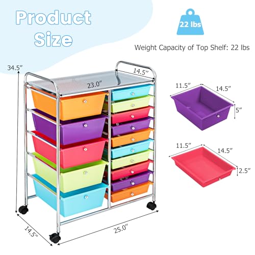 DREAMADE 15-Drawer Rolling Cart with Lockable Wheels, Multi-Color 25"L x 14.5"W x 34.5"H