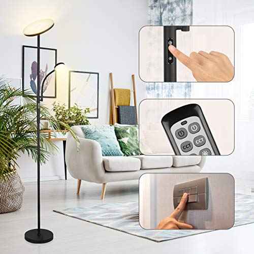 Led Floor Lamp Torchiere Floor Lamp with Adjustable Reading Lamp,2000lumens Main Light and 400lumens Side Reading Light for Living Room, Bedroom, Office, Work with Remote Control, Matte Black