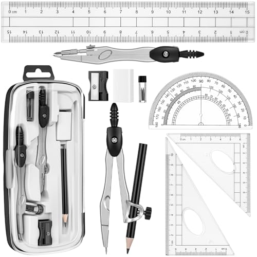 Zonon 10-Piece Math Geometry Set for Students with Compass, Protractor, and Ruler - Black