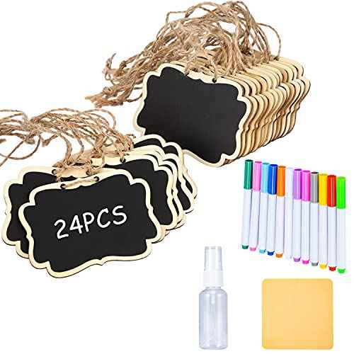 24 Pcs Reusable Mini Wood Chalkboards with Hanging String Erasable, Double-Sided Blackboard for Message Board Signs, Weddings Place Cards, Birthday Parties, Table Numbers, Plants