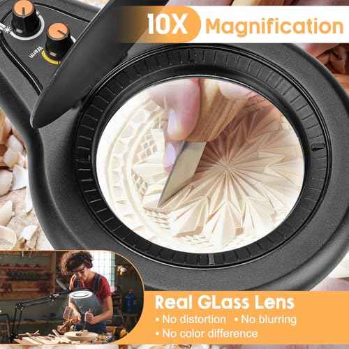 10X Large Magnifying Glass with Light and Clamp, Mechanical Knob Stepless Dimmable, 2*16 Inch Swivel Arm LED Magnifying Desk Lamp with Dust Cover, Stand Lighted Magnifier Hands Free for Crafts