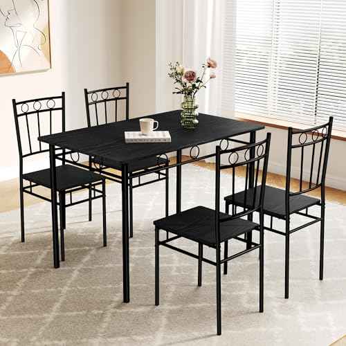 Dining Table Set for 4, 5-Piece Kitchen Table and Chairs, Rectangular Dining Room Table Set with 4 Chairs, Space-Saving Kitchen Table Set for Small Space,Dinette,Apartment,Pure Black
