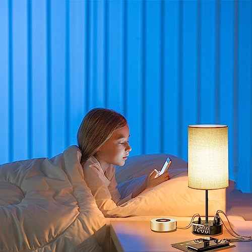 Touch Control Nightstand Light Bedside Table Lamp with USB C Charging Ports Alarm Clock 3 Way Dimmable Lamp for Bedroom Living Room Home£¨Gray£© Thanksgiving and Christmas Gifts