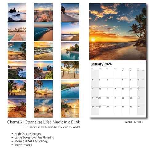 2026 Wall Calendar Planner Calendar - Sunset On The Beach Hangable Monthly Wall Calendar with Large Blocks for Organizing & Planning, Academic Schedule, Home, Office & family, Thick & Sturdy Paper