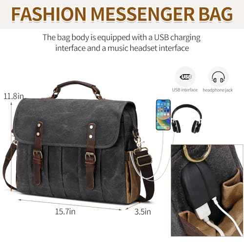 Messenger Bag for Men 15.6 Inch Vintage Canvas Genuine Leather Briefcase for Men Laptop Bag Satchel Shoulder Bag
