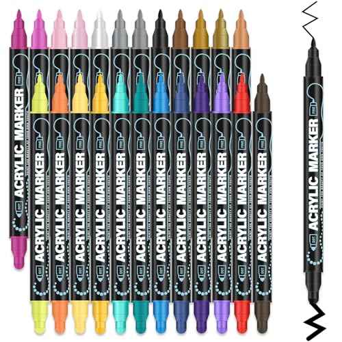 Acrylic Paint Markers, 24 Colors Acrylic Markers Set, Dual Tip Fine & Dot Point Acrylic Paint Pens for Rocks, Wood, Canvas, Stone, Glass, Ceramic, Fabric, Crafts, Rock Painting, Drawing & Art Supplies