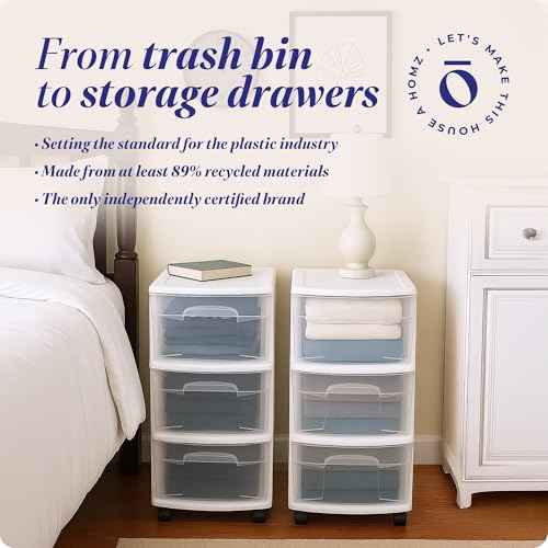 HOMZ Drawer Tower, 3-Tier Clear Plastic Storage Organizer Cart, White Frame - Heavy-Duty Organizing Drawers for Home, Bedroom, and Closet Organization