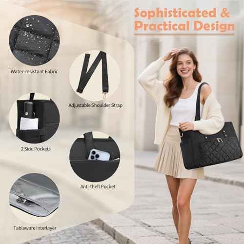 Jetviivid Laptop Tote Bag for Women, Work Bag with Insulated Lunch Compartment, 15.6 Inch Laptop Purse for Office,Teacher,College,Nurse,Travel, Black