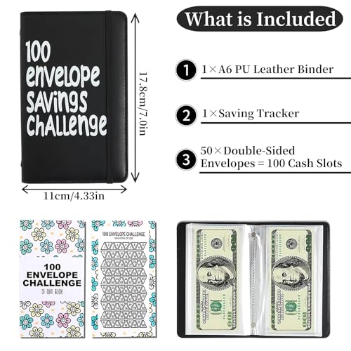 Black Money Saving Challenge Binder with Cash Envelopes - 100 Envelopes Budget Organizer