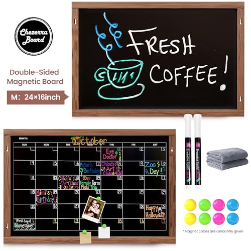 2-in-1 Double-Sided Magnetic Chalkboard 24"x16", Chalk Calendar Board & Large Blackboard for Kitchen & Home Decor, Schedule, Menu, Back-to-School Gift - Hanging Chalk Board with 2 Liquid Pens, Brown