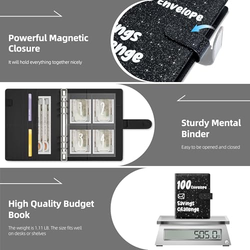 Ospelelf Glitter Black 9x7 Inch Money Saving Challenge Budget Binder with Cash Envelopes