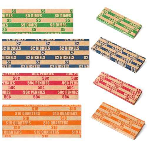 ESSENTIAL 100 pcs Assorted Packed Flat Stripped Coin Wrappers, Coin Rolls Wrapper for Quarters, Dimes, Nickels, Pennies