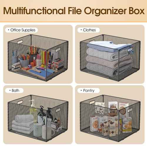 MaxGear Hanging File Organizer Box, Mesh Filing Folder for Letter/Legal Size, Metal File Crate Box with Handles, Cabinet Organizer Storage Boxes for Office Supplies, Clothes, Pantry, and Bath, 2 Pack