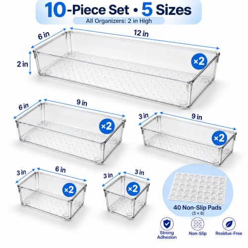 10 Pack Clear Drawer Organizer Trays - 5 Sizes Non-Slip Storage Bins