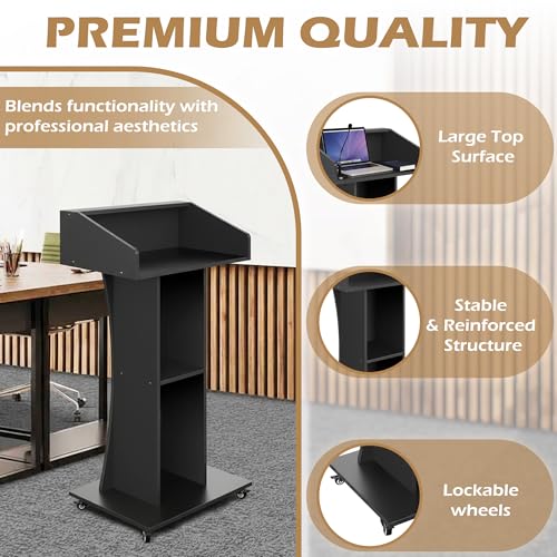 Verssure Podium Stand with Lockable Wheels (47 H) Black – Wooden Lectern with 3 Storage Shelves