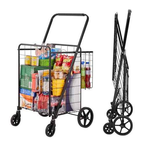 VEVOR Folding Shopping Cart, Jumbo Grocery Utility Cart with Double Baskets, 360¡Æ Swivel Wheels, 110 LBS Large Capacity Heavy Duty for Laundry, Shopping, Grocery, Luggage, Black