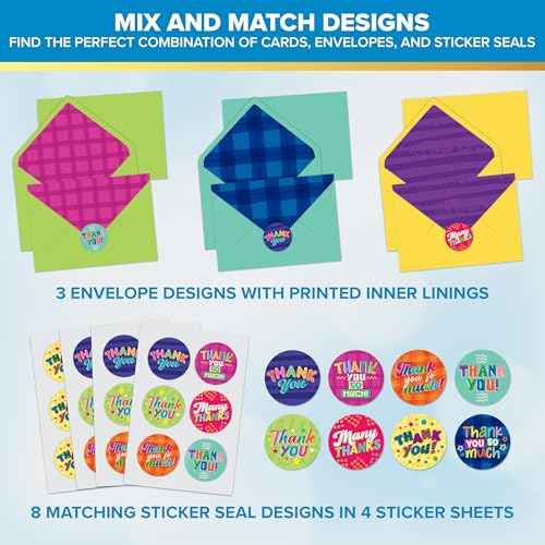 Decorably 24 Pack 6x4in Kids Thank You Cards Kids with Envelopes and Stickers, 8 Fun and Vibrant Designs Kid Thank You Cards with Envelopes, Blank Inside - All Occasion, School Events