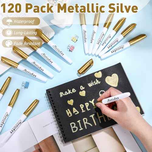 120 Pcs Metallic Permanent Markers Bulk: Gold Metallic Markers Fine Point Fine Tip Paint Markers for Gift Card Making, Artist Illustration, Industrial Marking