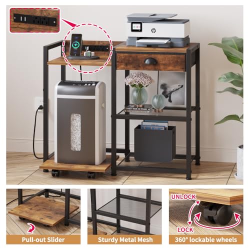 Printer Stand with Storage, Mobile Printer Table with Charging Station and USB Port for Home Office, Desktop Shredder Shelf with Wheels, Rolling Cart with Drawers, Computer Tower Stand