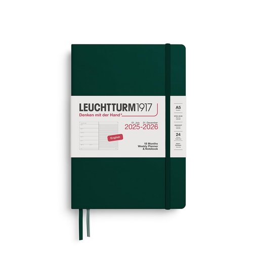 LEUCHTTURM1917 - Weekly Planner and Notebook Hardcover Medium (A5), 18-month, Jul. 2025 - Dec. 2026, English, Forest Green