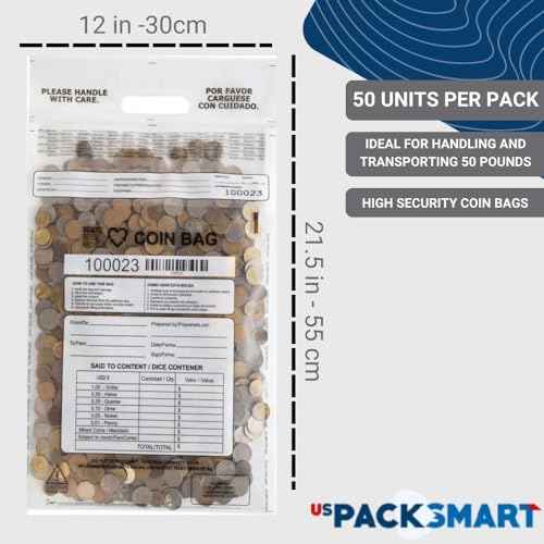 Clear Plastic Coin Bag 12.5" x 21.5" | 50 lb. Capacity | Sequential Barcode Number, Self-Sealing, Permanent Adhesive, Ideal for Handling and Transport of Coins and Casino Chips | 50-Pack