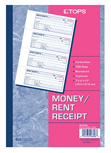 TopS 3-Part Money/Rent Receipt Book, Carbonless, 11 x 7 5/8 in, 4 Receipts/Page
