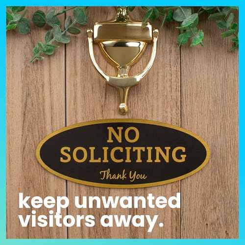 ExcelMark No Soliciting Sign for House or Business ? Durable Indoor/Outdoor Sign ? Easily Attach to Front Door - UV and Weather Resistant (Small - 2"x 5", Black with Gold Letters)