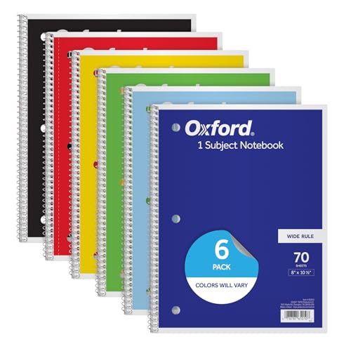 6 Pack Wide Ruled Spiral Notebooks - 8 x 10.5 Inches, Assorted Colors, School Supplies