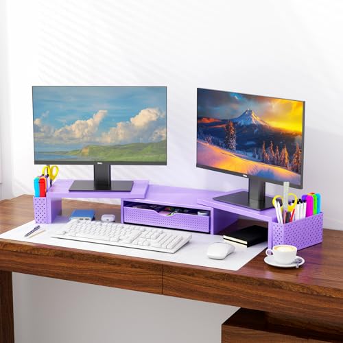 Spacrea Metal Desk Organizers and Accessories, Dual Monitor Stand Riser with Drawer and 2 Pen Holders, Desk Accessories & Workspace Desktop Organizers for Office Supplies (Purple)