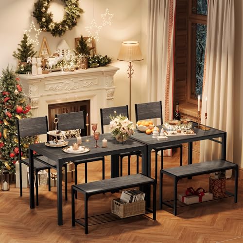 Shahoo Kitchen Table and 2 Chairs for 4 with Bench, 4 Piece Dining Sets for Small Space, Grey Wash