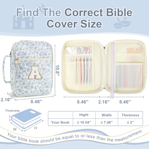 Personalized Blue Flower Initial Bible Cover Case for Women Girls - Large Quilted with Handle, Christian Gift
