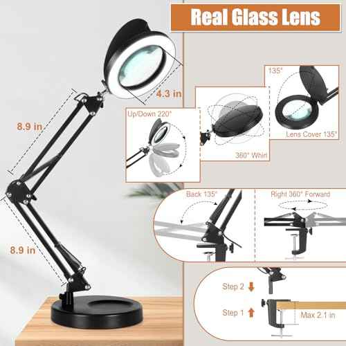 Veemagni 2-in-1 Magnifying Glass with Light and Stand, 3 Color Modes Stepless Dimmable, 4X Real Glass Desk Lamp with Clamp & Lens Cap, LED Lighted Magnifier with Light for Reading Crafts Close Works