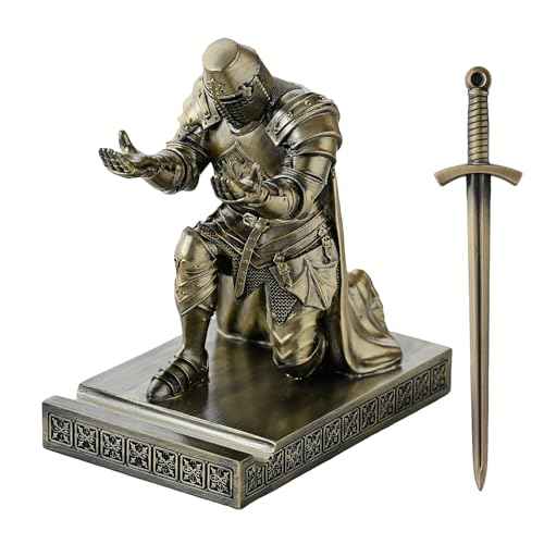 Medieval Templar Vanguard Officer Knight Pen Holder Pen Stand Desk Organizers and Accessories Resin Mobile Phone Stand as Gift for Office and Home Desk Organizer (Bronze)