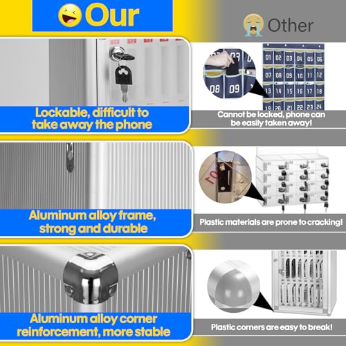 36-Slot Cell Phone Locker with Lock & Key, Heavy Duty Aluminum & Acrylic Cell Phone Storage for Classroom, Office, Retail ? Wall Mount Secure Cell Phone Holder, Lock Box, Phone Jail (Silver)