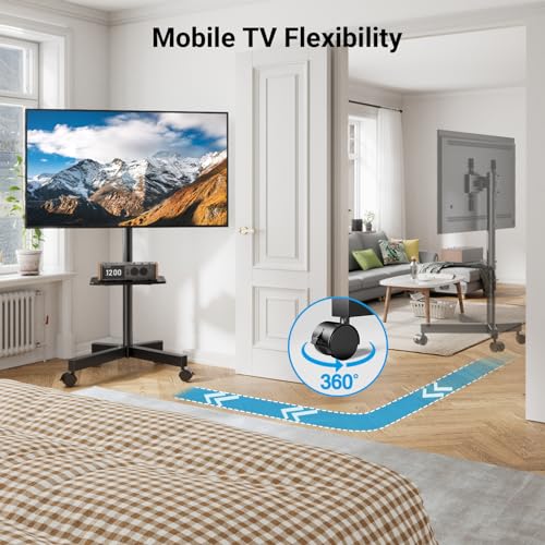 PERLESMITH 23-60 Inch Mobile Rolling TV Stand with Tilt, Lockable Wheels & Shelf