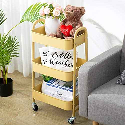 AGTEK Makeup Cart, Movable Rolling Organizer Cart, Khaki Yellow 3 Tier Metal Utility Cart