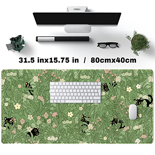 B-cat in the Meadow Green XXL Desk Mat for Keyboard & Mouse - Cute Flower & Plant Design