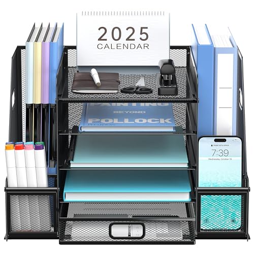 SUPEASY Mesh Desk Organizer with File Holder, 5-Tier Paper Letter Tray Organizer with Magazine Holder, Desktop Organizer and Storage with Drawer for Office Supplies Home or School, Black