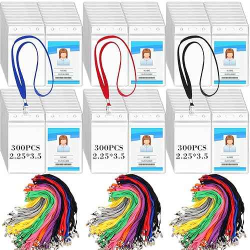 Ctosree 300 Pcs Name Tag Lanyards with ID Badge Holder Bulk Vertical Clear ID Card Holders Waterproof Plastic Name Tag Holders for Office Student Teacher Men Women Nurse(Multicolored)