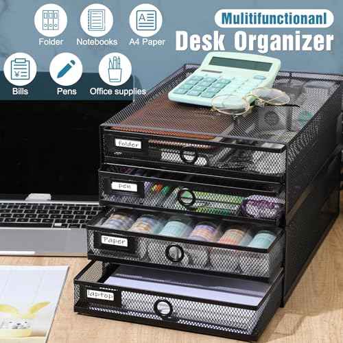 Zhanmai 2 Pack Desk Organizer with Drawer Total 4 Tiers, Wire Mesh Organizers Tray Multifunctional Paper Sorter File Stand for Home Office Supplies Storage Letter A4 Paper Office Accessories (Black)