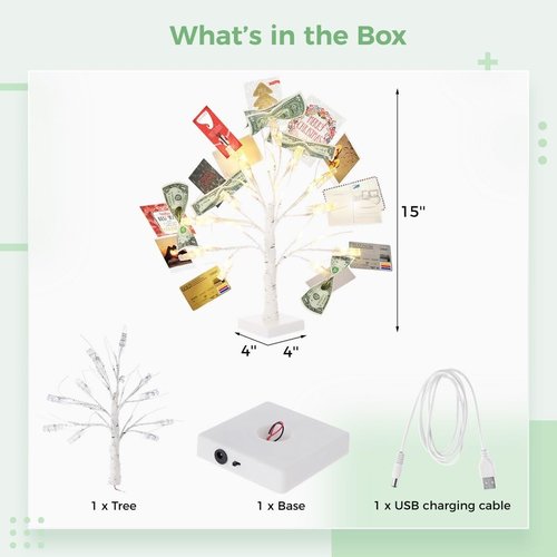 Money Tree Gift Card Holder with 12 Clear Clips, Lighted Photo Cash Lottery Ticket Holder, Unique Desktop Home Decorations for Christmas, Memo, Birthday, Wedding, Graduation