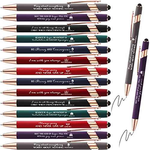 Fumete 42 Pcs Christian Ballpoint Pens Bulk Sunday School Gift for Church Stylus Pens with Inspirational Bible Verse Quote Touch Screen Sunday School Baptism Party Favor, Black Ink(Bright Color)