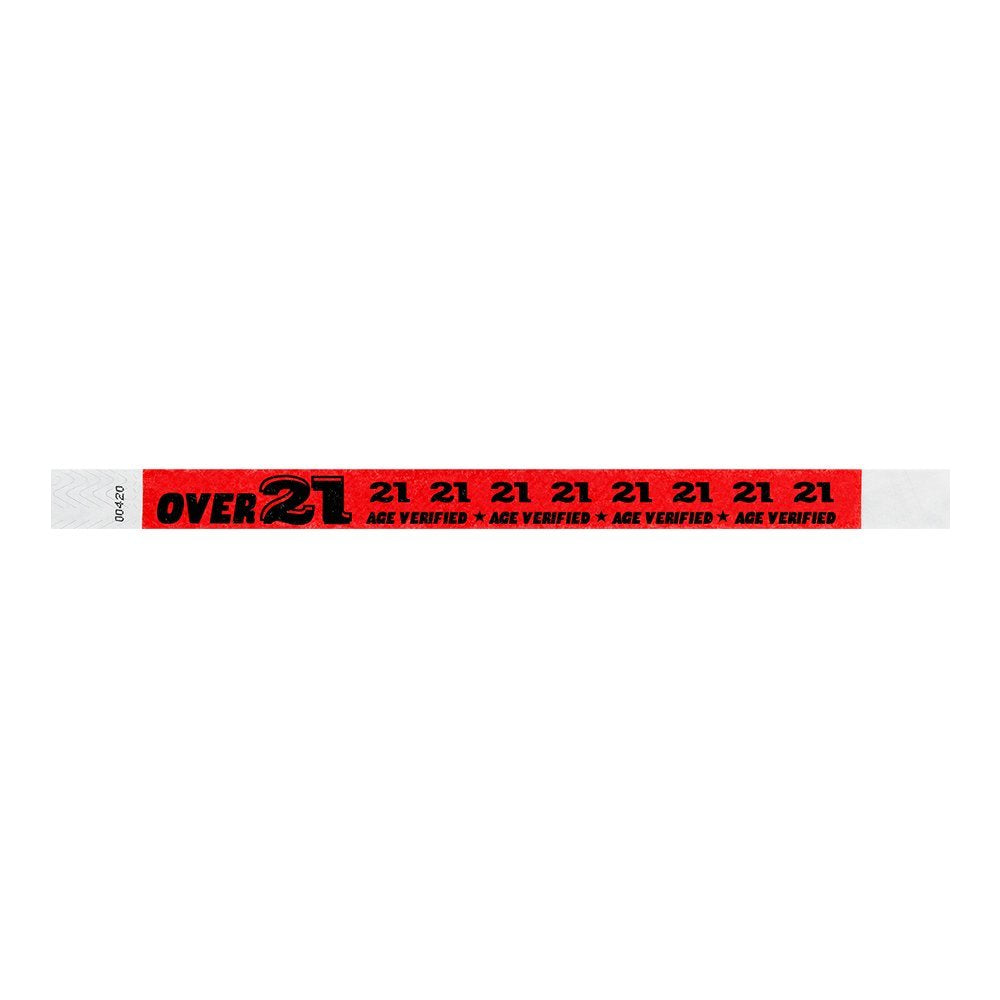 500 WristCo Over 21 Neon Red Tyvek Wristbands for Events - ¾” x 10” - Waterproof Recyclable Comfortable Tear Resistant Paper Bracelets Wrist Bands for Concerts Festivals Admission Party