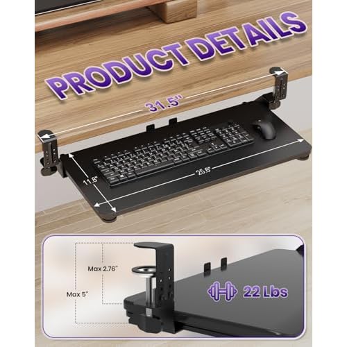Ergonomic Keyboard Tray Under Desk, Pull Out with Adjustable C-clamp, 25.6 (31.5 Including Clamps) x 11.8 Inch Slide Out Computer Keyboard Drawer Mouse Tray for Typing, Large & Black
